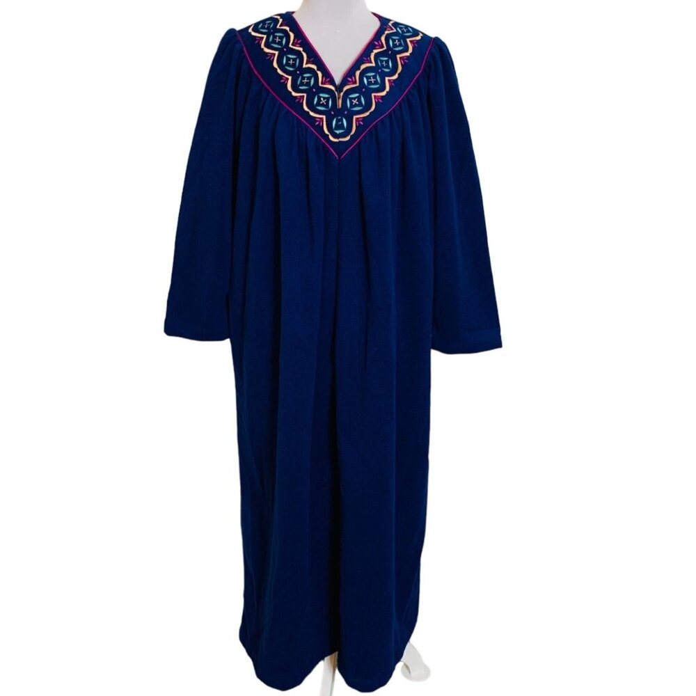 Appel Southwestern Blue Robe Petite Size M Retro Style Embroidered VTG Bathrobe